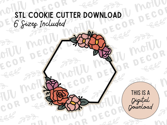 Floral Hexagon Plaque 1 Cookie Cutter Digital Download | Wedding STL File Download | Bridal Shower Cutter File Download