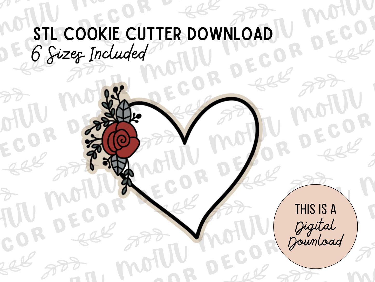 Floral Heart Plaque Cookie Cutter Digital Download | Wedding STL File Download | Bridal Shower Cutter File Download