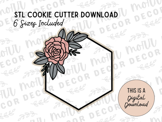 Floral Hexagon Plaque 2 Cookie Cutter Digital Download | Wedding STL File Download | Bridal Shower Cutter File Download