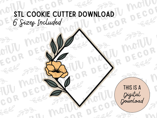 Floral Diamond Plaque Cookie Cutter Digital Download | Wedding STL File Download | Bridal Shower Cutter File Download